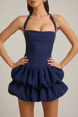 Halterneck Layered Bubble Hem Corset Mini Dress in True Navy