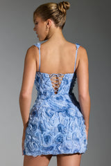 Floral-Appliqué Square-Neck Corset Mini Dress in Blue