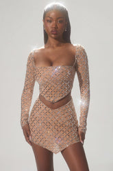 Embellished Asymmetric Crop Top in Almond