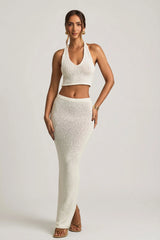 Bouclé Mid-Rise Maxi Skirt in White