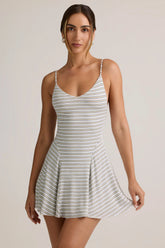 Modal Ribbed Tie-Back A-Line Mini Dress in Blue Yellow Stripe