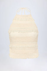 Ruffled High-Neck Backless Top in Ivory