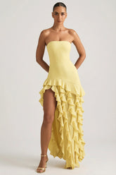 Ruffle-Trim Strapless Gown in Pastel Yellow