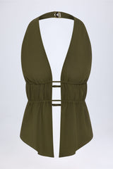 Cut-Out Semi-Sheer Ruched Halterneck Crop Top in Dark Khaki