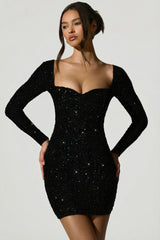 Embellished Sweetheart-Neck Mini Dress in Black
