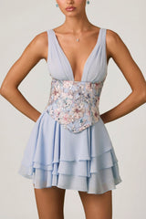 Embellished Ruffled Corset Mini Dress in Floral Blue