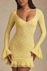 Long-Sleeve Ruffled Lace Mini Dress in Pastel Yellow