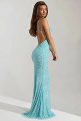 Embellished Cowl-Neck Backless Maxi Dress in Aqua Blue