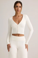Modal Ribbed Cropped Cardigan in White