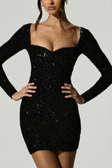 Embellished Sweetheart-Neck Mini Dress in Black