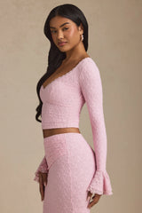 Ruffle Long-Sleeve Lace Top in Soft Pink