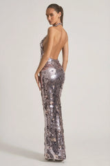 Sequin-Embellished Halterneck Maxi Dress in Silver