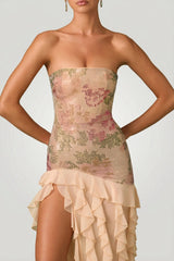 Embellished Ruffle-Trim Strapless Gown in Rose Hotfix