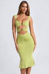 Modal Ruched Hardware Detail Cut-Out Midaxi Dress in Olive Green