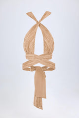 Ruched Halterneck Crop Top in Tan Print