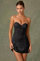 Embellished Sweetheart-Neck A-Line Mini Dress in Black