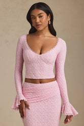 Ruffle Long-Sleeve Lace Top in Soft Pink