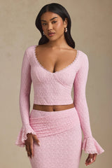 Ruffle Long-Sleeve Lace Top in Soft Pink