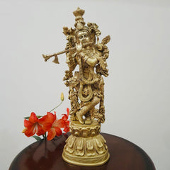 Novrla 20 Inches Lord Krishna Brass Idol - Krishna Statue For Home - Decorative Figurine