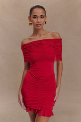 Slinky Off Shoulder Mesh Mini Dress