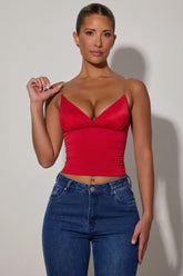 Ruched Plunge-Neck Camisole Top in Red