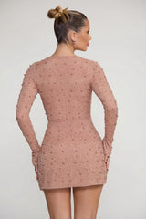 Embellished Wrap Over A-Line Mini Dress in Beige