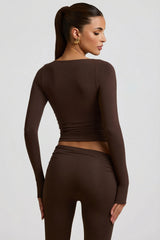 Modal Ruched Long-Sleeve Top in Chocolate Brown