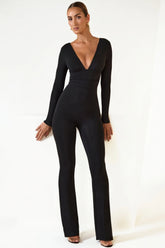 Modal Ruched Plunge Flared Jumpsuit in Black