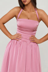 Halterneck Lace-Up Ruched Corset Midi Dress in Mauve