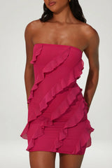 Bandeau Ruffle Detail Mini Dress in Fuchsia