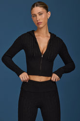 Cable Knit Zip-Up Hoodie in Black