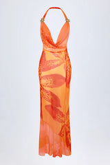 Cowl-Neck Hardware-Detail Maxi Dress in Orange Orchid Print