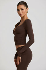 Modal Ruched Long-Sleeve Top in Chocolate Brown