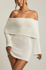 Bouclé Off-Shoulder Mini Dress in White