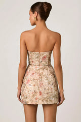 Embellished Strapless A-Line Mini Dress in Floral Beige