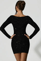 Embellished Sweetheart-Neck Mini Dress in Black
