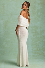 Bouclé Off-Shoulder Maxi Dress in White
