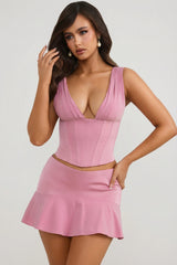 Mid-Rise Godet A-Line Mini Skirt in Mauve