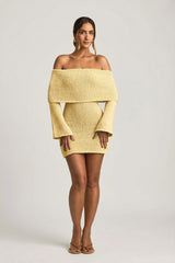 Bouclé Off-Shoulder Mini Dress in Yellow