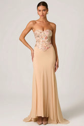 Embellished Corset Fishtail Gown in Floral Beige