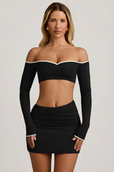 Modal Contrast-Trim Crop Top in Black