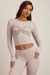 Modal Lace-Trim Appliqué Pyjama Top in Cloud Grey