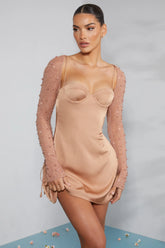 Long Sleeve Embellished A-line Mini Dress in Beige