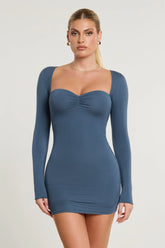Long Sleeve Ruched Modal Cashmere Blend Mini Dress in French Navy