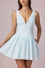 Bow-Detail A-Line Mini Dress in Powder Blue Stripe