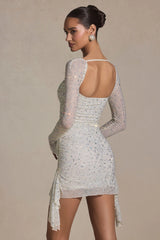 Embellished Draped Cowl-Neck Mini Dress in White