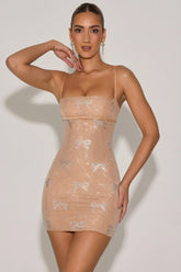Embellished Bow-Detail Mini Dress in Almond