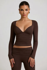 Modal Ruched Long-Sleeve Top in Chocolate Brown