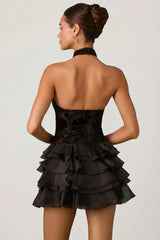 Embellished Ruffled Halterneck Mini Dress in Black