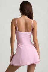 Bow-Detail Scalloped A-Line Mini Dress in Soft Pink